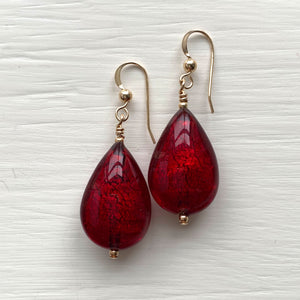Earrings with red Murano glass medium pear drops on silver or gold hooks