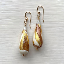 Earrings with ivory (white) and aventurine swirl over gold Murano glass long pear drops