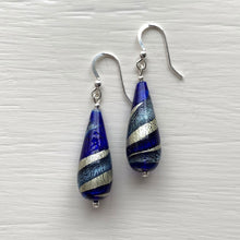 Earrings with dark blue and cornflower swirl over white gold Murano glass long pear drops