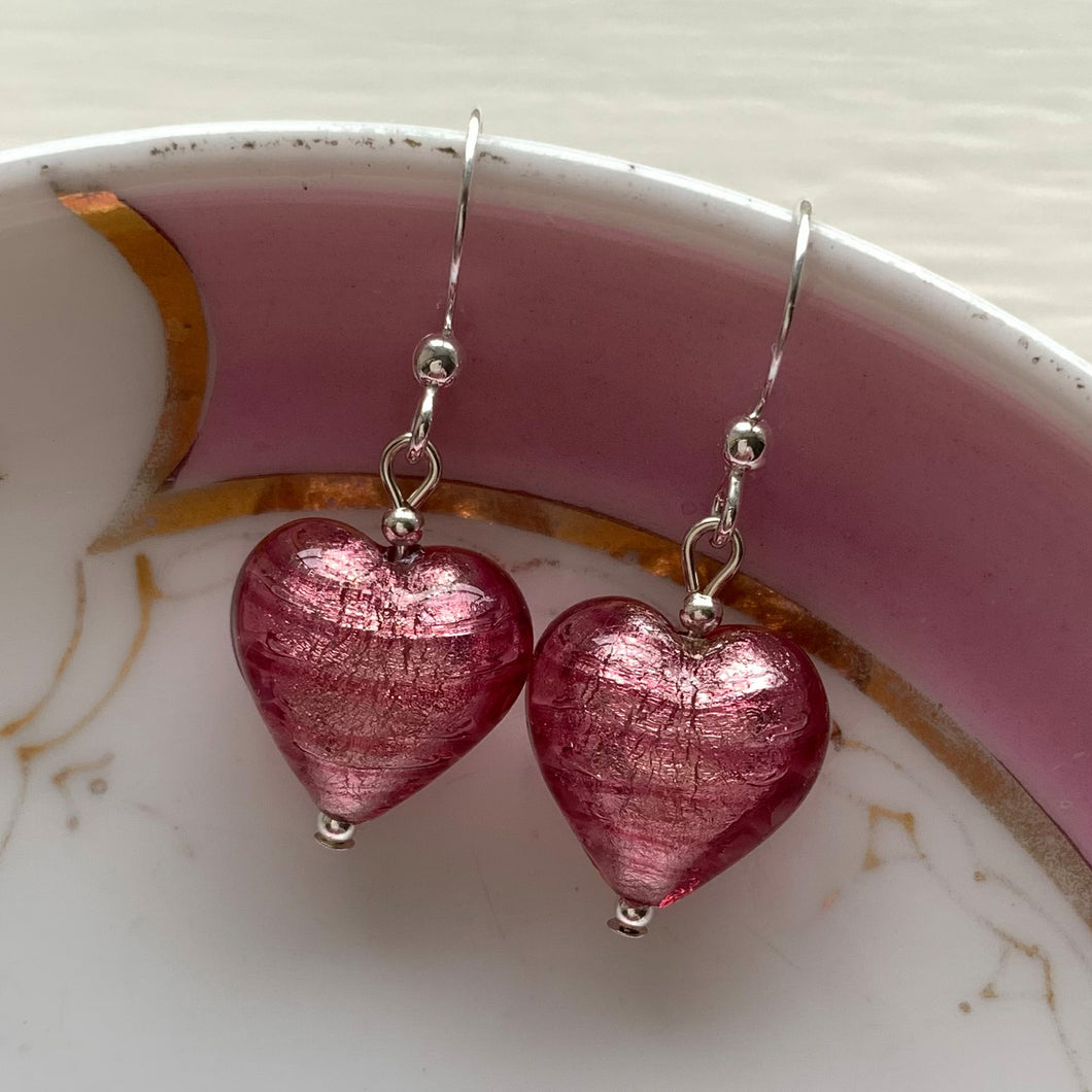 Earrings with rose pink (cerise) Murano glass small heart drops on silver or gold hooks
