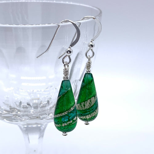 Earrings with dark green, teal, white gold Murano glass short pear drops on silver or gold