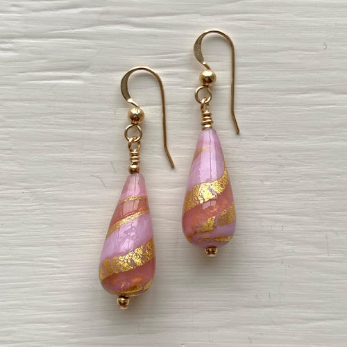 Earrings with pink, pink pastel and gold Murano glass short pear drops on silver or gold