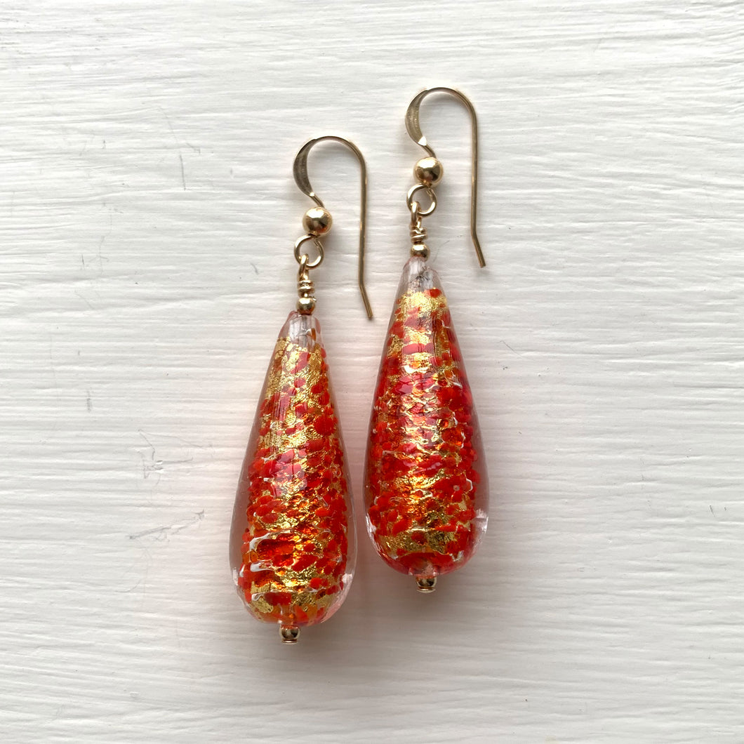 Earrings with speckled red and gold Murano glass long pear drops on silver or gold hooks