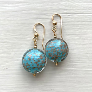 Earrings with blue pastel aventurine dust Murano glass small lentil drops on silver or gold