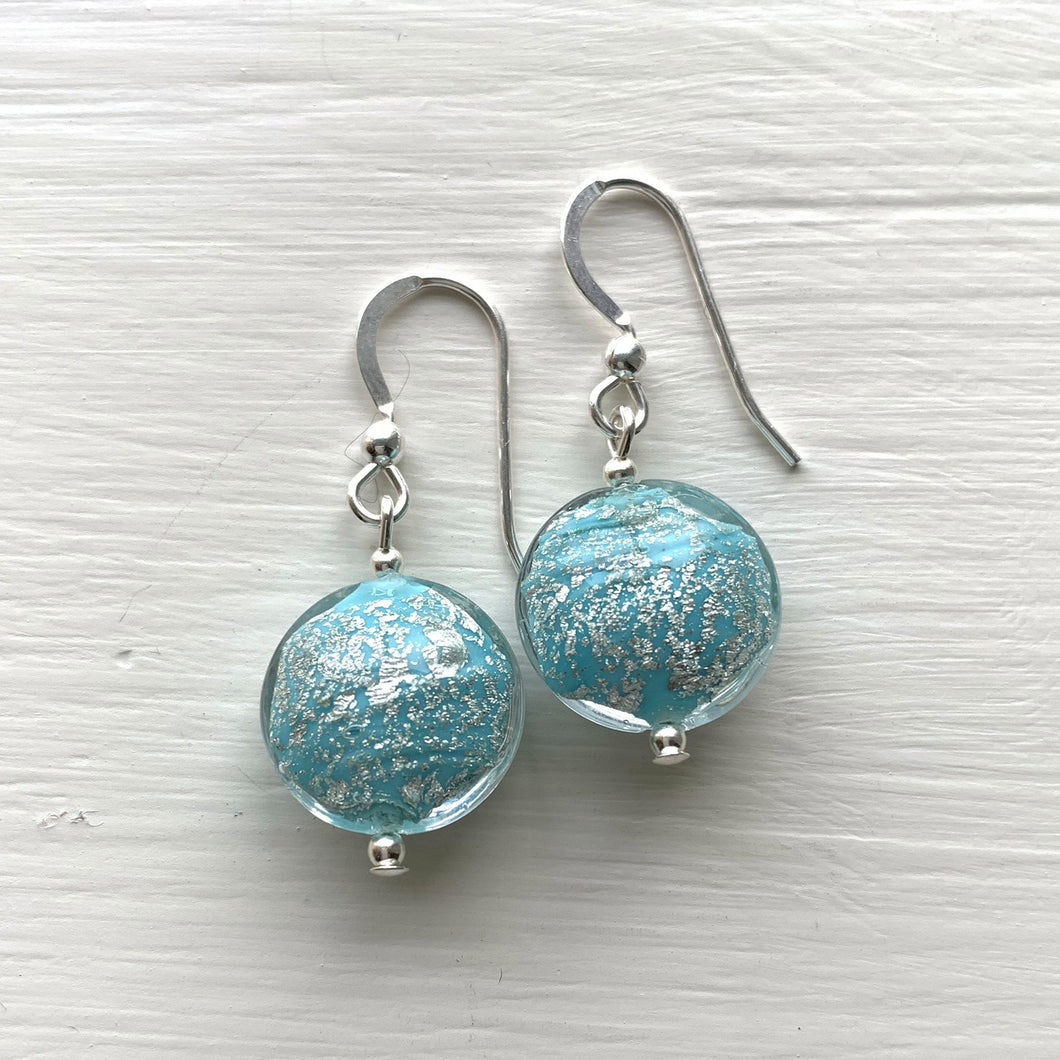 Earrings with light blue pastel and white gold Murano glass small lentil drops on silver or gold