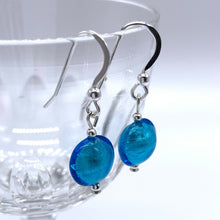 Earrings with turquoise (blue) Murano glass mini lentil drops on silver or gold hooks