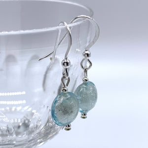 Earrings with aqua (blue) Murano glass mini lentil drops on silver or gold hooks