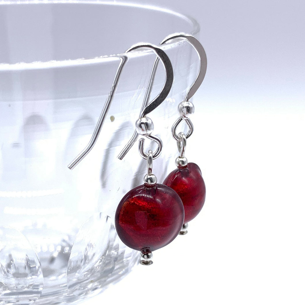 Earrings with red Murano glass mini lentil drops on silver or gold hooks