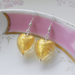 Earrings with light (pale) gold Murano glass small heart drops on silver or gold hooks