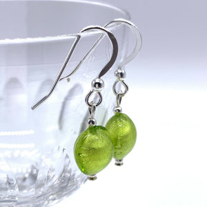 Earrings with light green (lime, peridot) Murano glass mini lentil drops on silver or gold