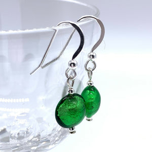 Earrings with dark green (emerald) Murano glass mini lentil drops on silver or gold hooks
