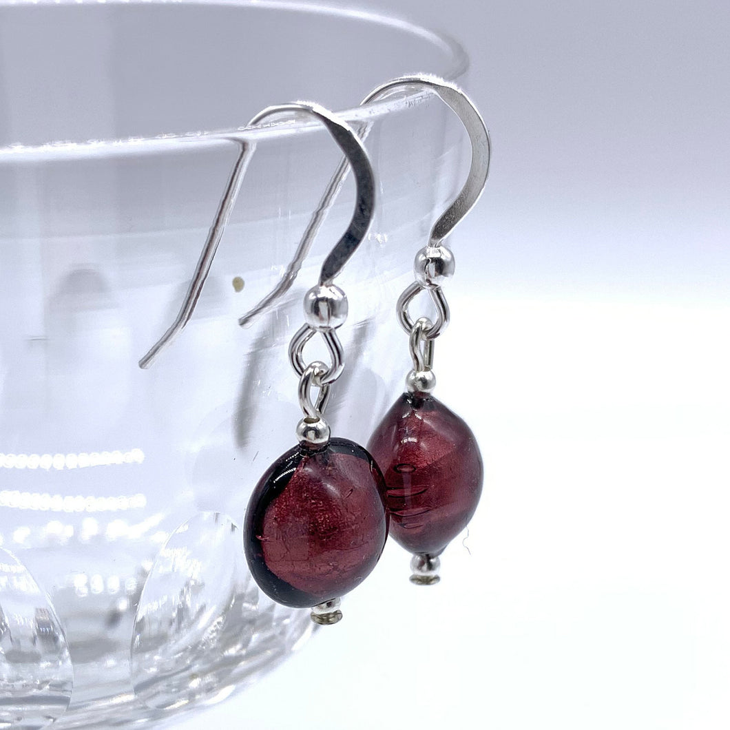 Earrings with dark amethyst (purple) Murano glass mini lentil drops on silver or gold hooks