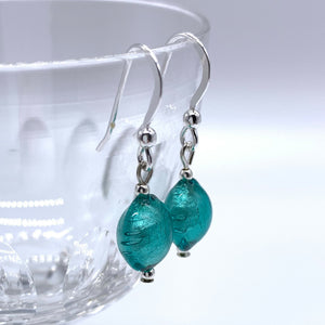 Earrings with teal (green, jade) Murano glass mini lentil drops on silver or gold hooks