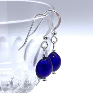 Earrings with dark blue (cobalt) Murano glass mini lentil drops on silver or gold hooks