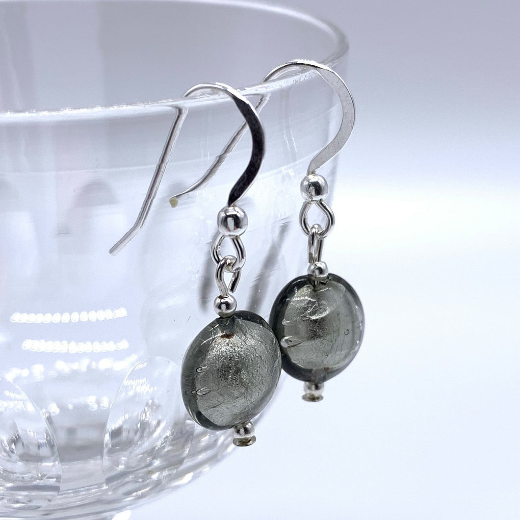 Earrings with grey Murano glass mini lentil drops on silver or gold hooks