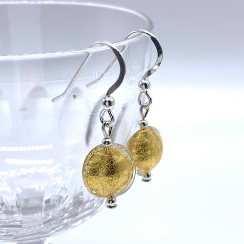Earrings with light (pale) gold Murano glass mini lentil drops on silver or gold hooks