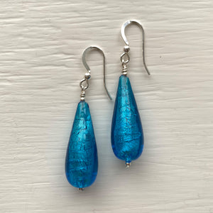 Earrings with turquoise (blue) Murano glass long pear drops on silver or gold hooks