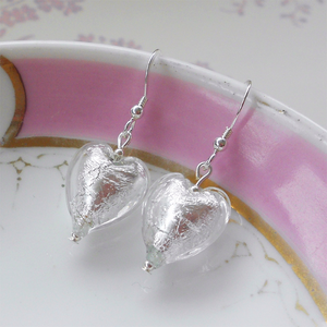 Earrings with clear crystal and silver Murano glass small heart drops on silver or gold hooks