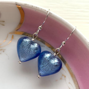 Earrings with cornflower blue Murano glass small heart drops on silver or gold hooks