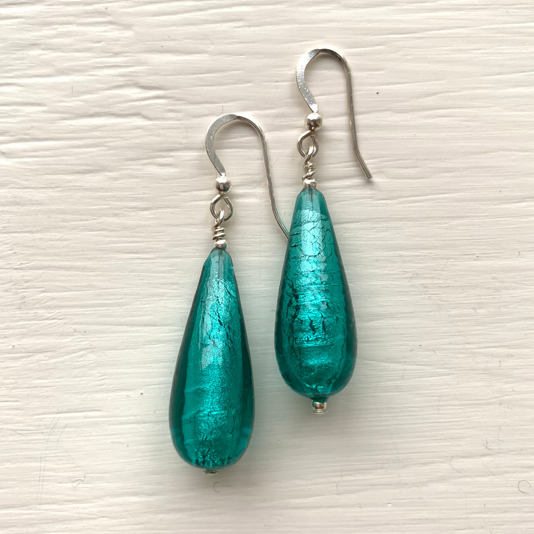 Earrings with teal (green, jade) Murano glass long pear drops on silver or gold hooks