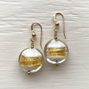 Earrings with white pastel and gold Murano glass medium lentil drops on silver or gold