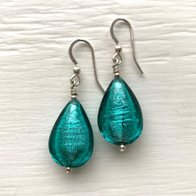 Earrings with teal (green, jade) Murano glass medium pear drops on silver or gold hooks
