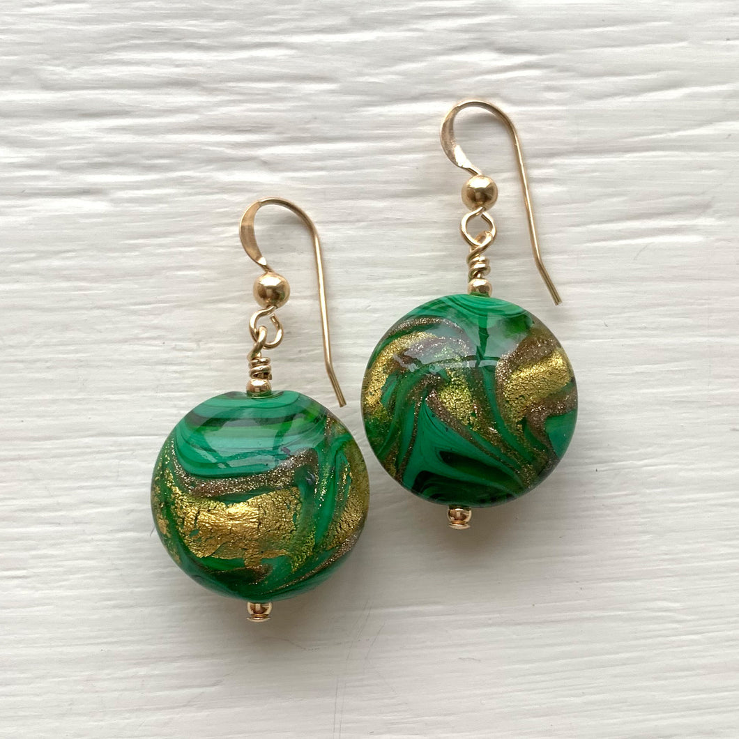Earrings with byzantine green and gold Murano glass medium lentil drops on silver or gold
