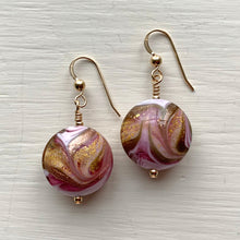 Earrings with byzantine pink and gold Murano glass medium lentil drops on silver or gold