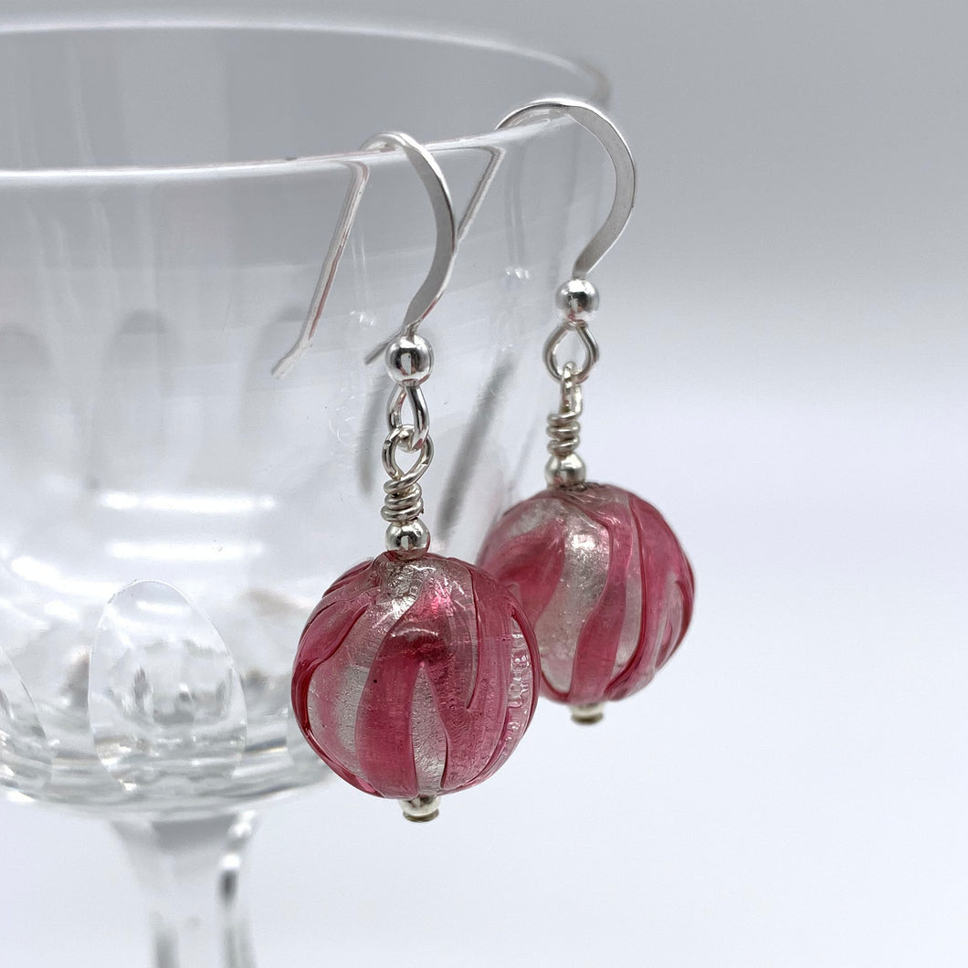Earrings with rose pink and white gold Murano glass small sphere drops on silver or gold