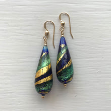 Earrings with dark blue (cobalt) teal gold swirl Murano glass long pear drops on silver or gold