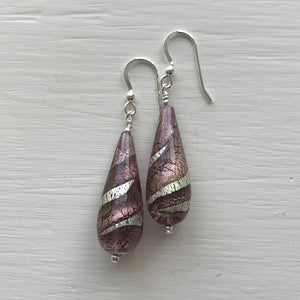 Earrings with amethyst swirl over white gold Murano glass long pear drops