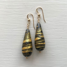 Earrings with grey (charcoal) and black swirl over gold Murano glass long pear drops
