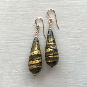 Earrings with grey (charcoal) and black swirl over gold Murano glass long pear drops