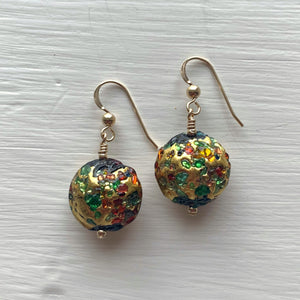 Earrings with speckled colours over gold Murano glass small lentil drops