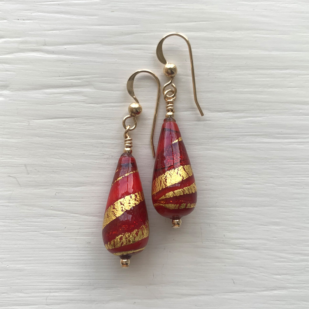 Earrings with red, red pastel and gold Murano glass short pear drops on silver or gold hooks
