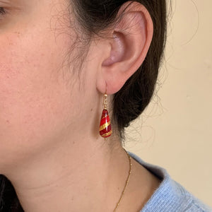 Earrings with red, red pastel and gold Murano glass short pear drops on silver or gold hooks
