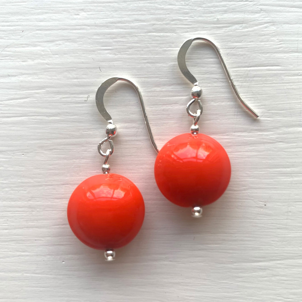 Earrings with orange pastel Murano glass small lentil drops on silver or gold hooks