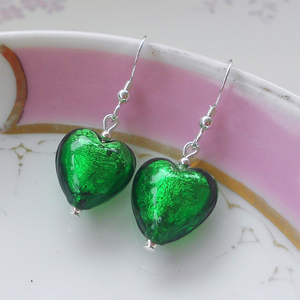 Earrings with dark green (emerald) Murano glass small heart drops on silver or gold