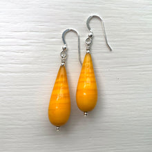 Earrings with dark yellow pastel Murano glass long pear drops on silver or gold hooks