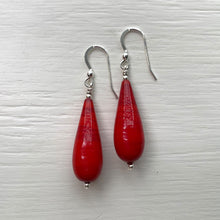 Earrings with red pastel Murano glass long pear drops on silver or gold hooks