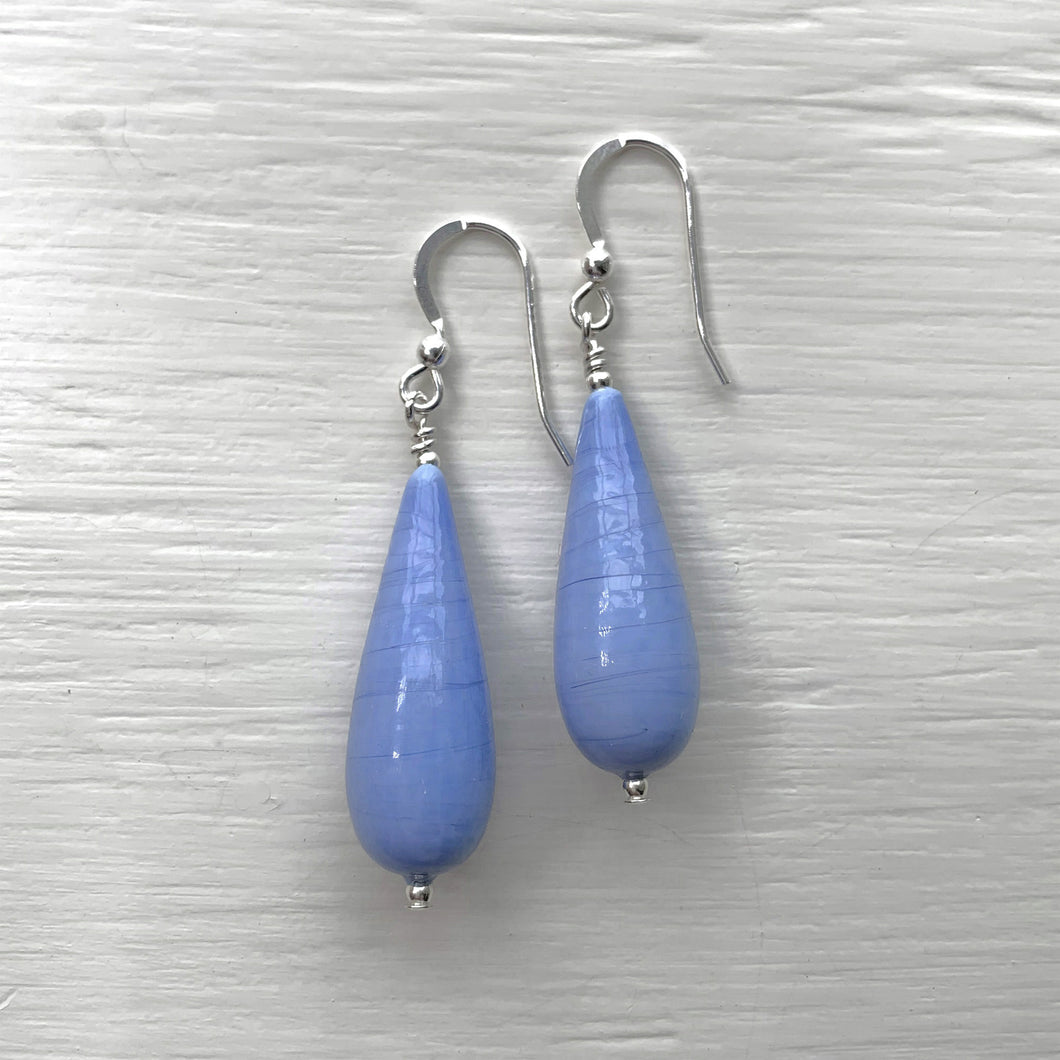 Earrings with periwinkle (blue) pastel Murano glass long pear drops on silver or gold hooks