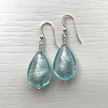 Earrings with aquamarine (blue) Murano glass medium pear drops on silver or gold hooks