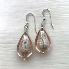 Earrings with champagne (peach, pink) Murano glass medium pear drops on silver or gold