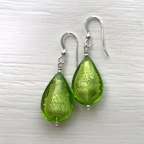 Earrings with light green (lime, peridot) Murano glass medium pear drops on silver or gold
