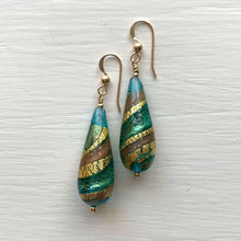 Earrings with teal (green jade) and aventurine swirl over gold Murano glass long pear drops