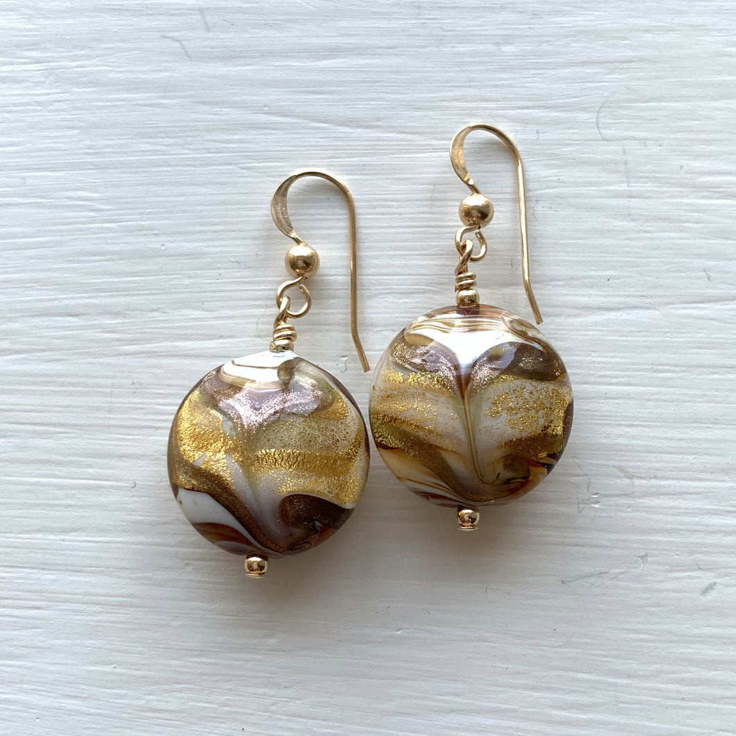 Earrings with byzantine ivory (white) and gold Murano glass medium lentil drops