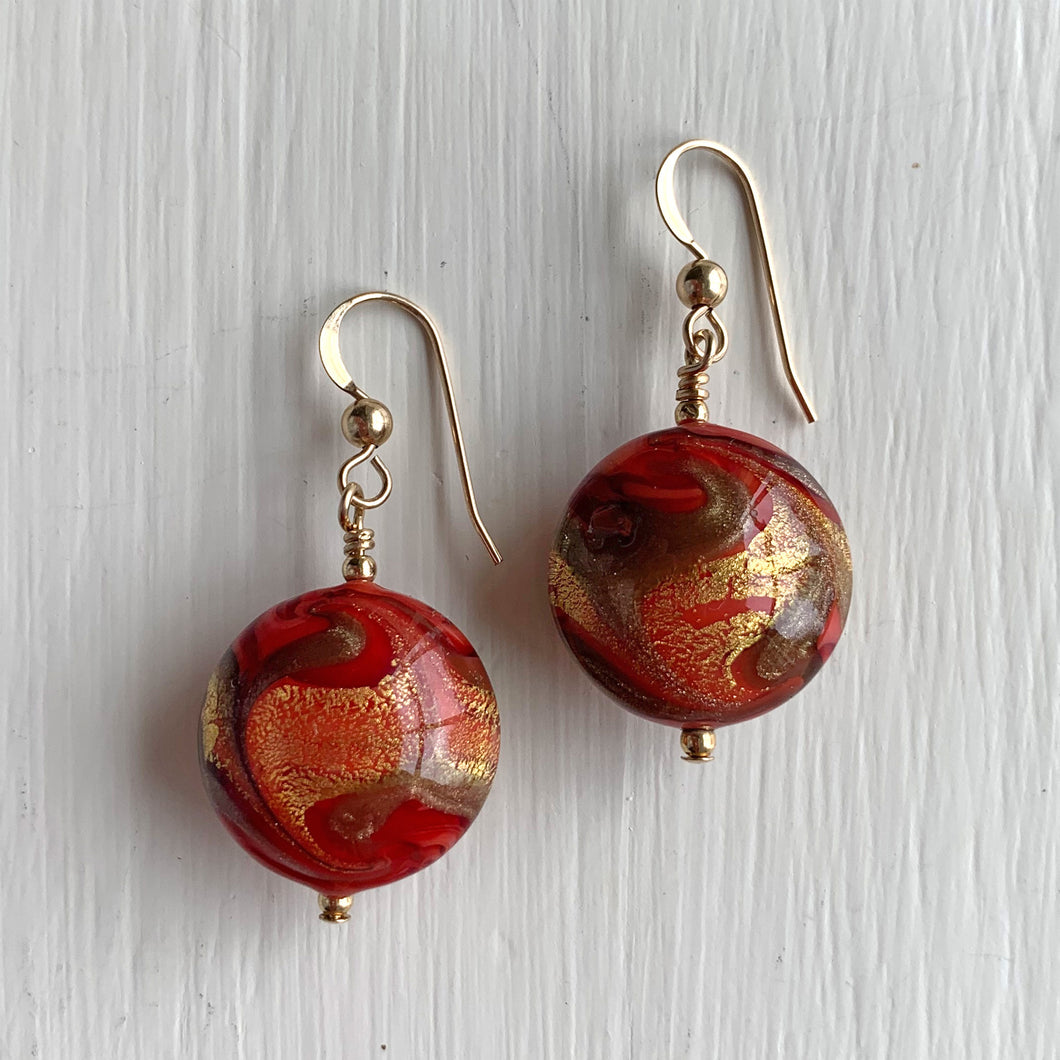 Earrings with byzantine red and gold Murano glass medium lentil drops on silver or gold