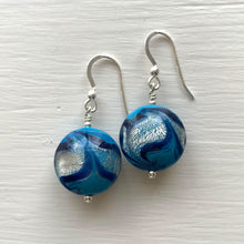Earrings with byzantine blue and white gold Murano glass medium lentil drops