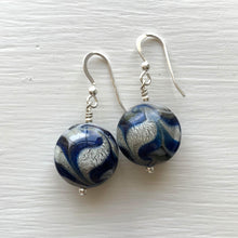 Earrings with byzantine dark blue, grey, white gold Murano glass medium lentil drops