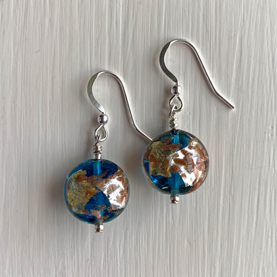 Earrings with blue, gold and silver Murano glass small lentil drops on silver or gold hooks